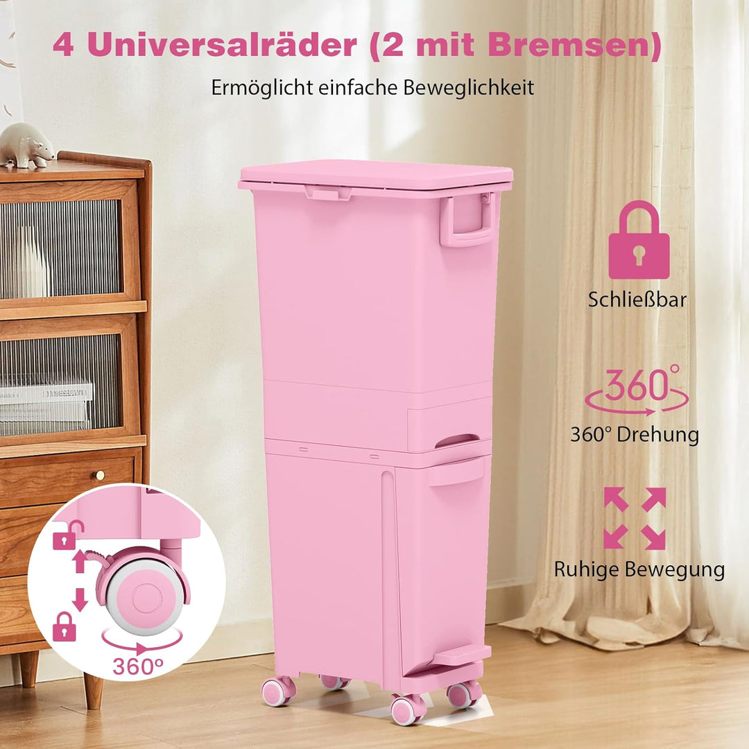 GOPLUS Mülleimer 3 Fächer, 32L Abfalleimer Küche mit Rollen, Mülltrennsystem mit Kippbehälter, Decke