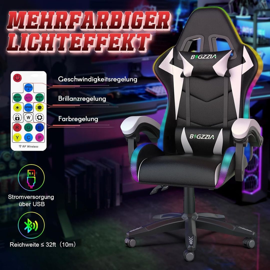 Racingreat LED-Gaming-Stuhl, RGB Gaming Chair mit Farbigen Lichtleisten Kopfstütze Lendenwirbelstütz