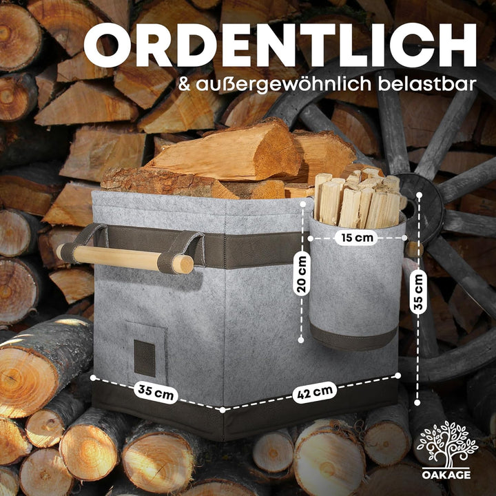 OAKAGE® Holzkorb für Kaminholz Gross mit Zündholzkorb [Schmutzabweisendes Innenfutter und Lederboden