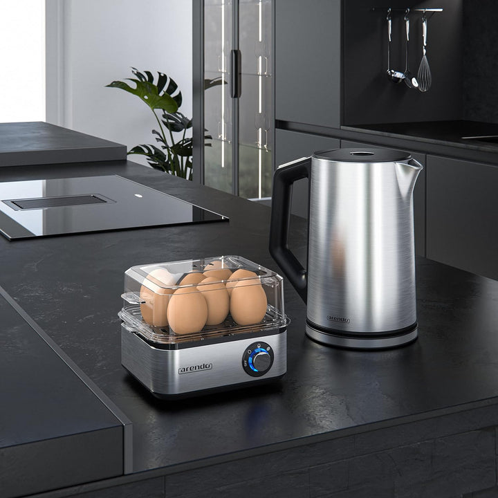 Arendo - Set Wasserkocher ELEGANT mit Eierkocher THREECOOK Edelstahl Silber, Wasserkocher 1,5L 40° -