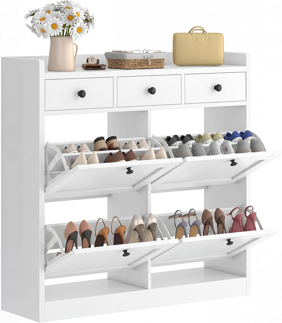 YITAHOME Schuhschrank mit 4 Klappen, Schuhregal Schuhkipper Schmal, Schuhregal mit 8 Ablageflächen V