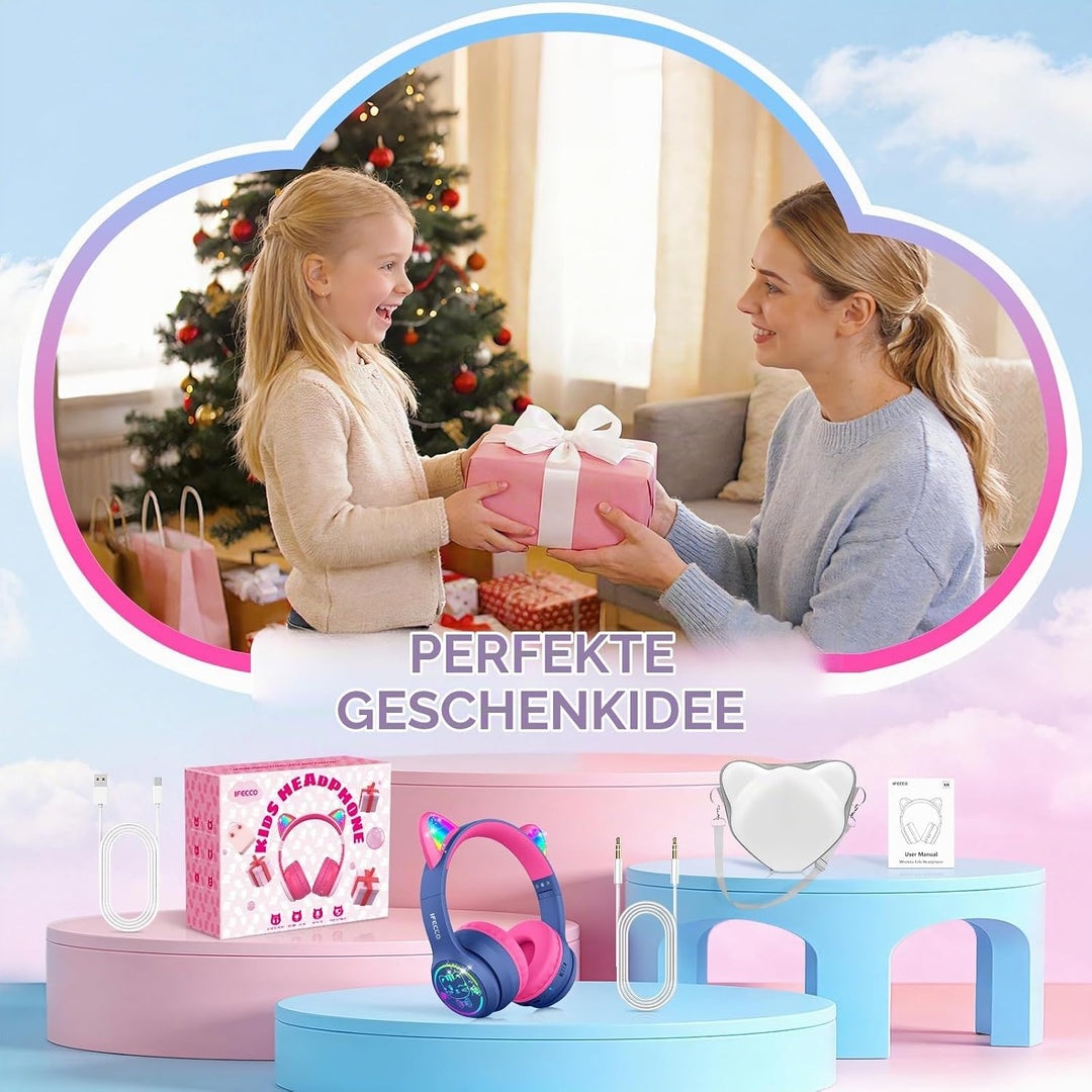 IFECCO Bluetooth Kopfhörer Kinder kabellos mit Aufbewahrungstasche, Kinderkopfhörer Over-Ear mit LED