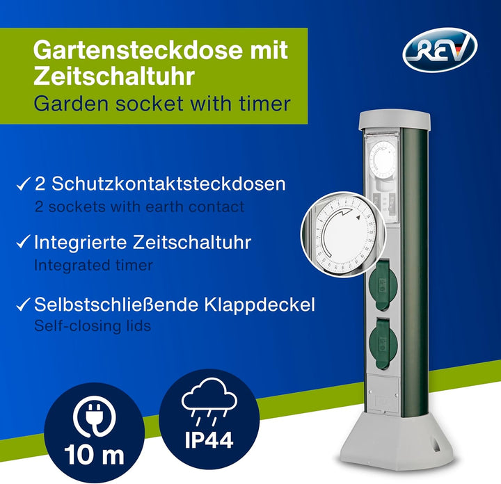 REV 0068206261 GreenCraft, Garten Steckdosen, H52cm, Kabel 10m, Zeitschaltuhr, IP44, grün 2-fach Ste
