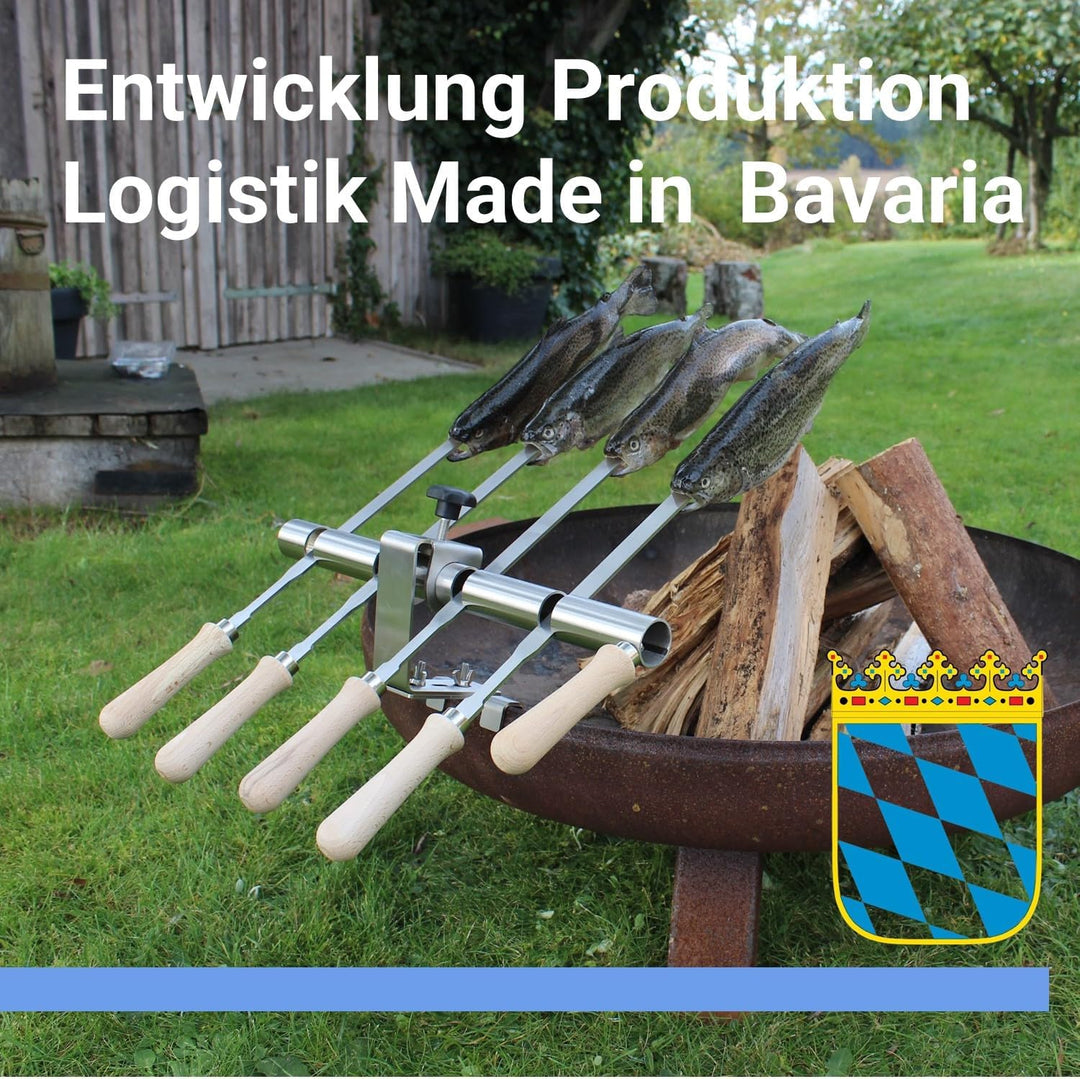 SCHILLING Fischgrilltechnik/Steckerlfisch Halter/Feuerschale/Feuertonne/Edelstahlspiesse / 4 Fische