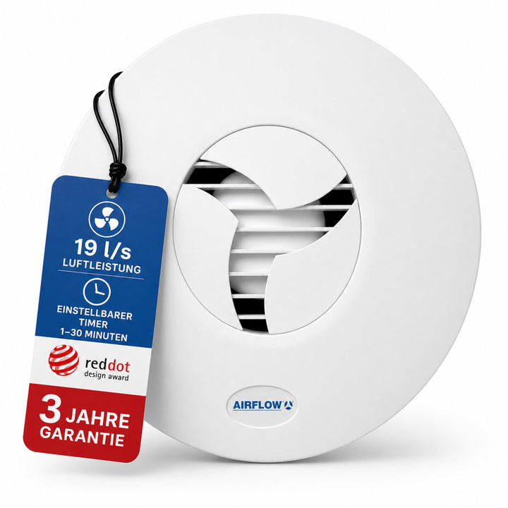 Airflow iCON 15 Timer-Abluftventilator-Set – 100 mm/4 Zoll – Mit Timer-Modul, weissem Lüftungsgitter