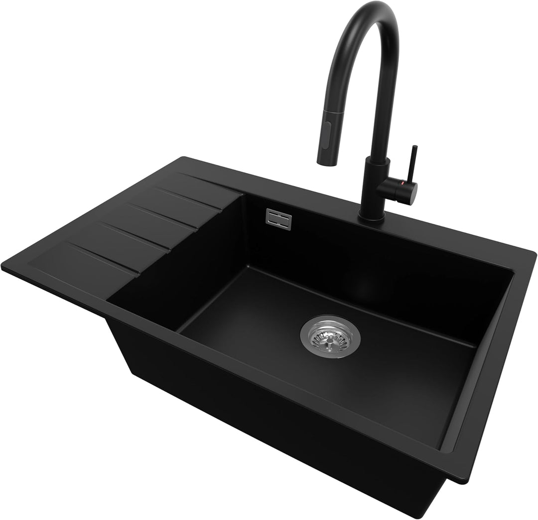 PRIMAGRAN Granitspüle Schwarz 78x50cm, Spülbecken 1 Becken + Ablauf-Set + Küchenarmatur 40x22cm, Küc