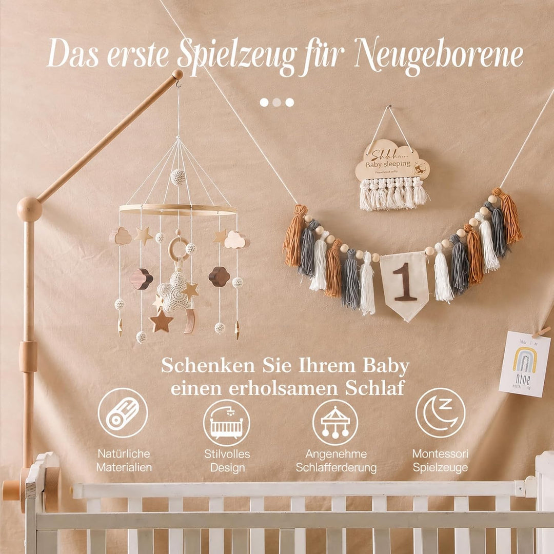 Mobile Baby Windspiele mit Wolken Mond Sterne Handgefertigt Holz Gehäkelt Mobile Baby Neugeborene Ju