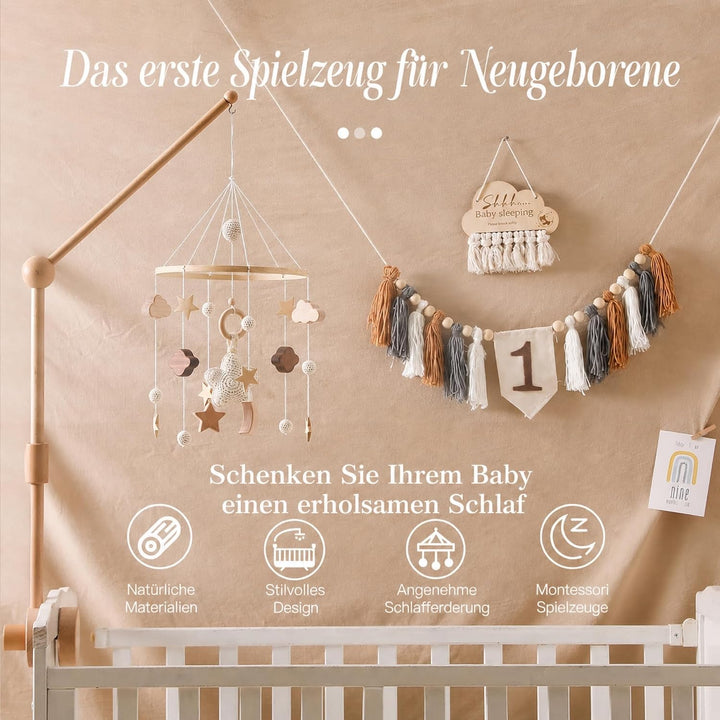 Mobile Baby Windspiele mit Wolken Mond Sterne Handgefertigt Holz Gehäkelt Mobile Baby Neugeborene Ju