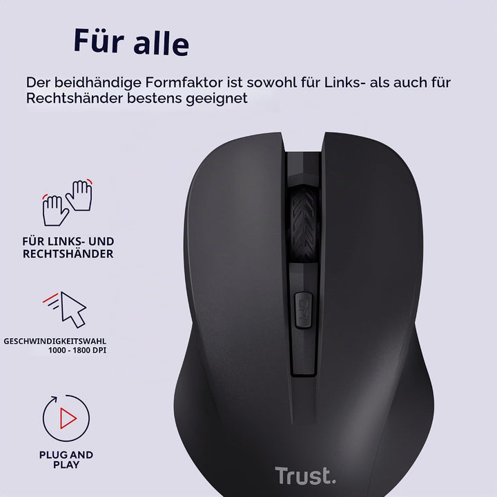 Trust Mydo Leise Funkmaus, 82% aus Recyclingkunststoff, 1000-1800 DPI, Verstaubarer USB Mikroempfäng