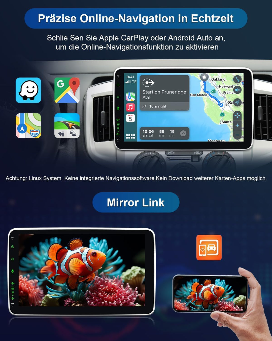 Autoradio 1Din mit 10 Zoll Bildschirm, 1 DIN Car Radio mit Wireless Apple CarPlay & Android Auto, Bl