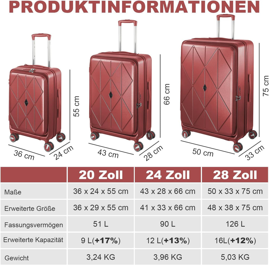 Polycarbonat Hartschalenkoffer Set 3-teilig, Spezielles Frontöffnungssystem mit Organizer-Fach, Erwe