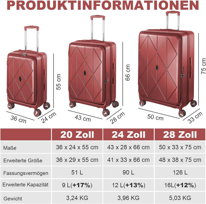 Polycarbonat Hartschalenkoffer Set 3-teilig, Spezielles Frontöffnungssystem mit Organizer-Fach, Erwe