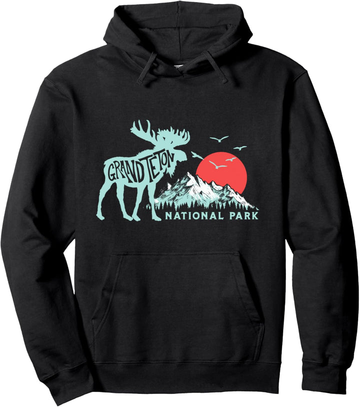 Grand Teton National Park Moose & Mountains Typography Pullover Hoodie