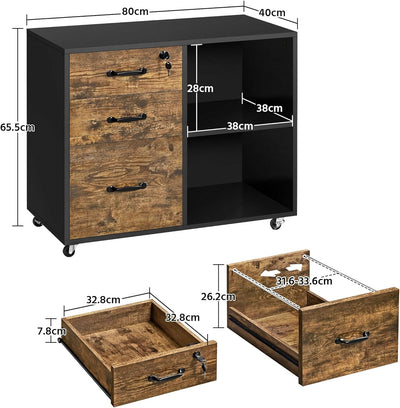 Yaheetech Rollcontainer, Aktenschrank, Büroschrank mit 5 Rollen, 3 Schubladen und 2 offenen Fächern,