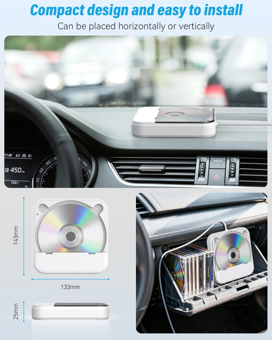 MONODEAL Externer CD Player für Auto, Plug-and-Play Auto CD-Player mit USB/AUX Anschluss, Universell