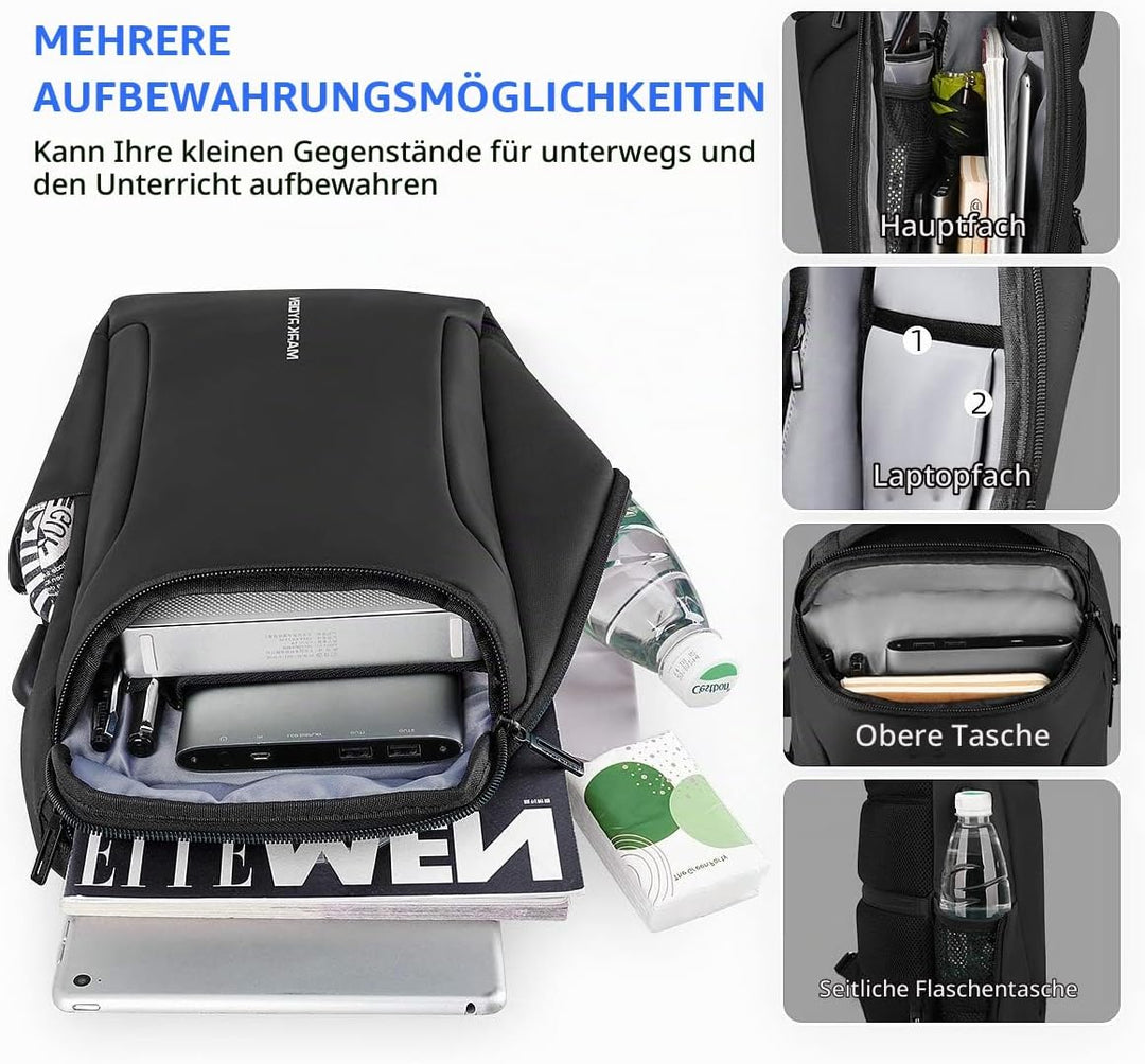 Muzee Umhängetasche，wasserdichter Crossbody Rucksack ，Diebstahlsicherung Rucksack mit mehreren Tasch