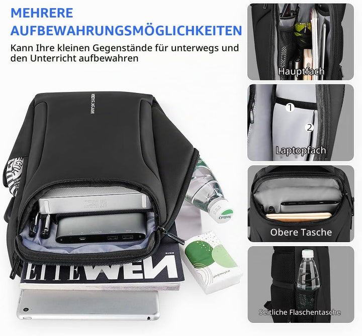 Muzee Umhängetasche，wasserdichter Crossbody Rucksack ，Diebstahlsicherung Rucksack mit mehreren Tasch