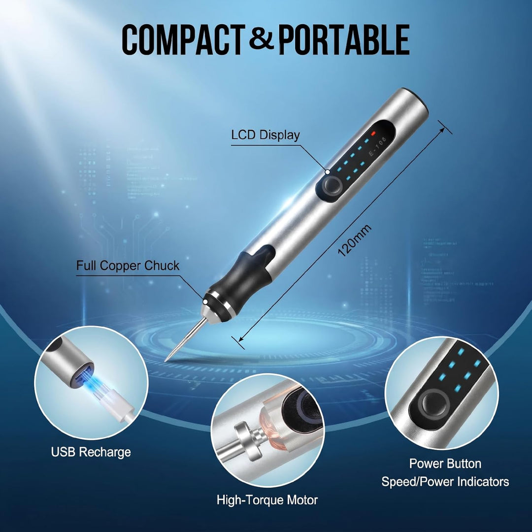 Gravierstift Akku Kabellos 3 Geschwindigkeiten – 5000-18000 U/min, USB-C wiederaufladbar, 37 Zubehör