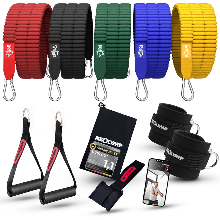 NEOLYMP Premium Resistance Bands Set mit E-Book - Fitnessbänder Expander Set mit 5 Stärken, Türanker