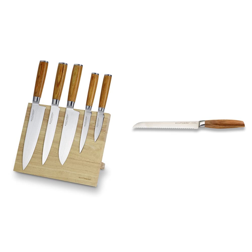 Echtwerk Damastmesser Set 6 Teilig, Holz, Silber, 21,5 x 12,5 x 35,7 cm, 6-Einheiten(5 Messer + Mess
