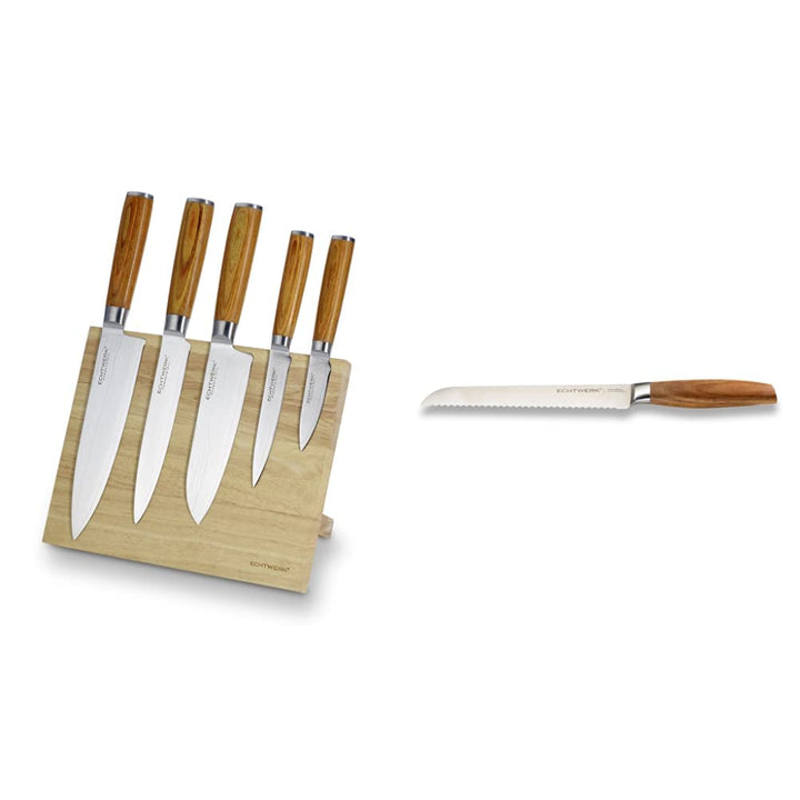 Echtwerk Damastmesser Set 6 Teilig, Holz, Silber, 21,5 x 12,5 x 35,7 cm, 6-Einheiten(5 Messer + Mess