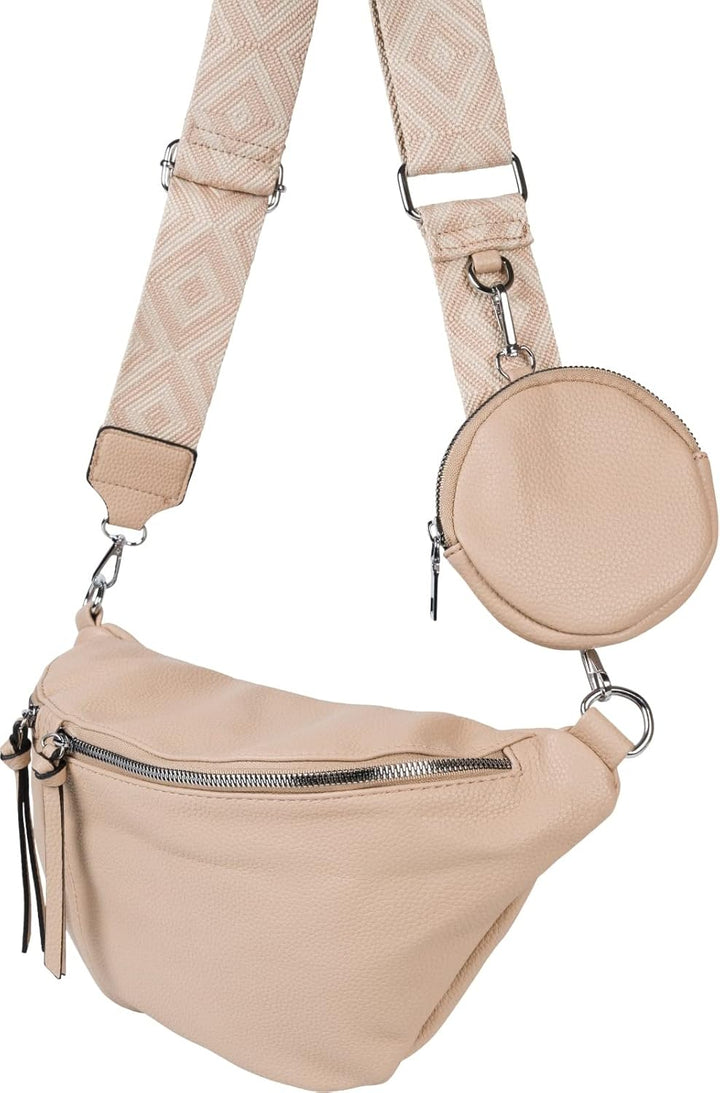 styleBREAKER Damen Halbmond Crossbody Schultertaschen Set 3-Teilig, Schultergurt mit Muster, Schlüss