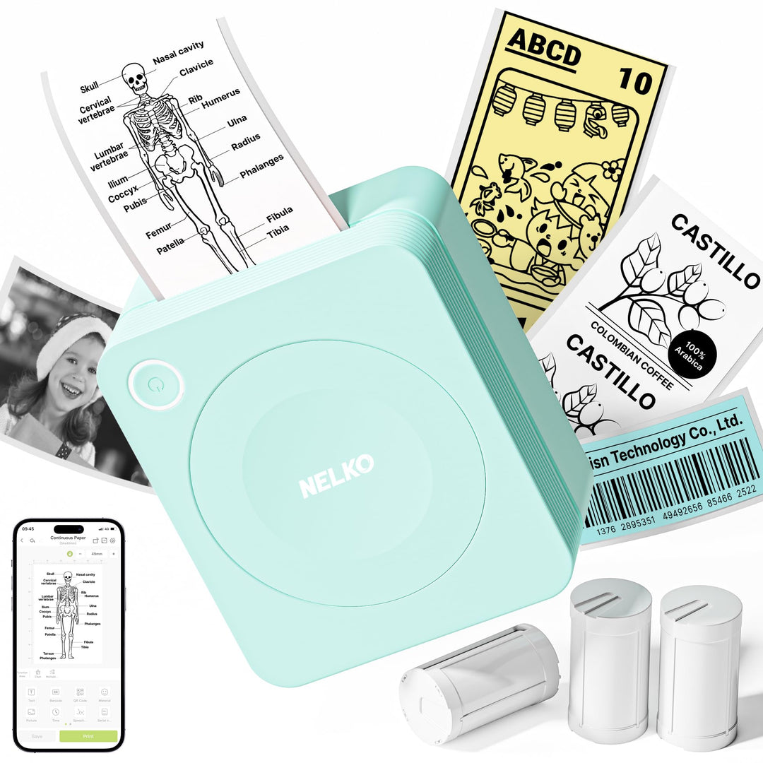 Nelko Aufkleber Drucker, PM230 Mini Drucker Bluetooth Portabel Sticker Maker mit 3 Rollen Papier, fü