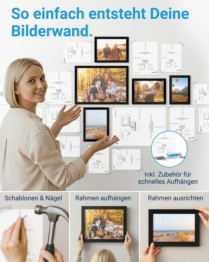PHOTOLINI Schwarze Bilderrahmen Set verschiedene Grössen, Bilderwand Collage 20 Rahmen, Bilderrahmen