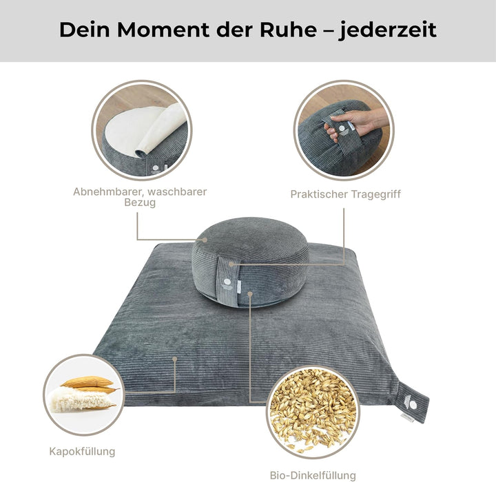 Inner Peace Meditationskissen Set Cord XL | Premium Set, rundes Kissen + Zabuton Matte, waschbar, Ze