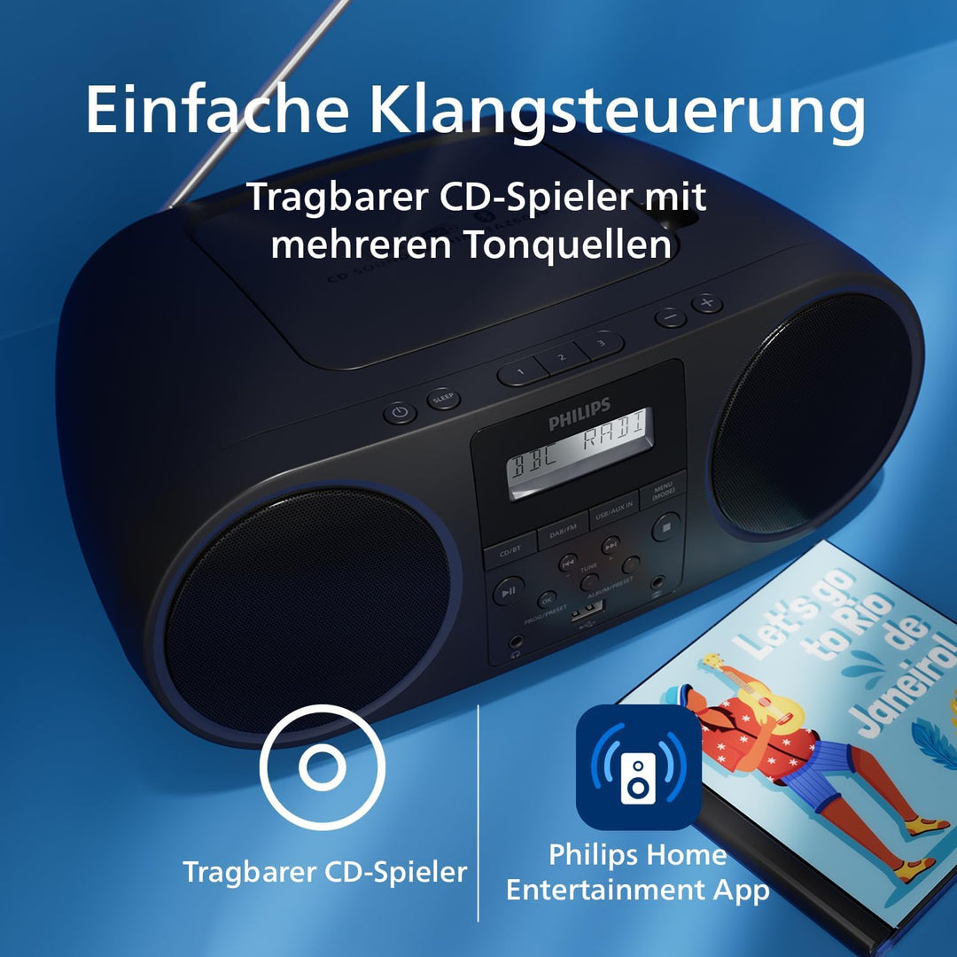 Philips TAZ6000 Multifunktions-CD-Spieler mit DAB+-/FM-Radio, Bluetooth 5.4, USB, Dynamic Bass und 3
