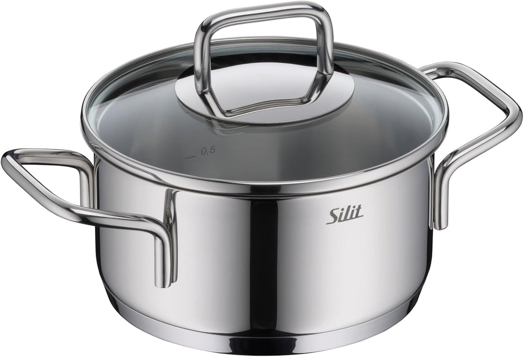 Silit Extra Cook, Bratentopf 16 cm mit Glasdeckel, Innenskalierung, breiter Schüttrand, hochwertiger