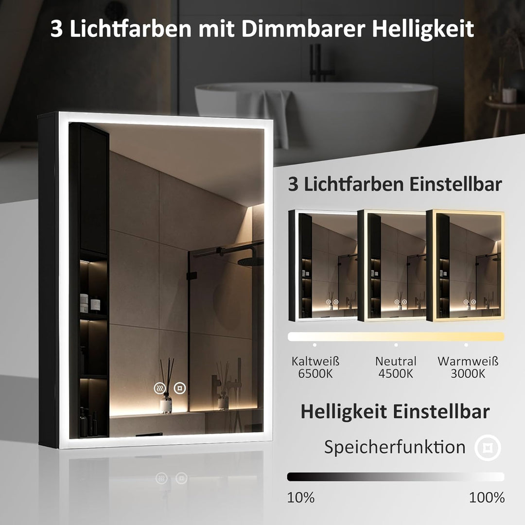 Boromal Spiegelschrank Bad mit Beleuchtung Schwarz Spiegelschrank mit Beleuchtung Metall LED Badezim