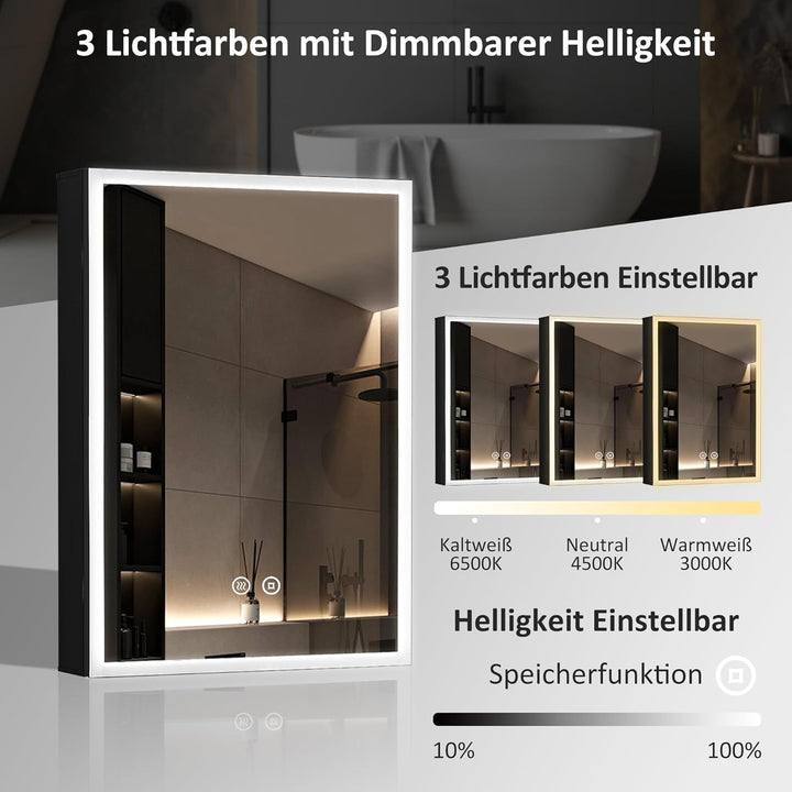 Boromal Spiegelschrank Bad mit Beleuchtung Schwarz Spiegelschrank mit Beleuchtung Metall LED Badezim