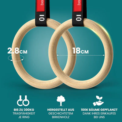 BeMaxx Turnringe Holz Gym Rings + Türanker & Trainings-eBook – Olympische Gymnastik Holzturnringe &