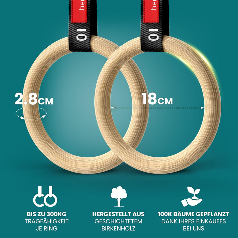 BeMaxx Turnringe Holz Gym Rings + Türanker & Trainings-eBook – Olympische Gymnastik Holzturnringe &