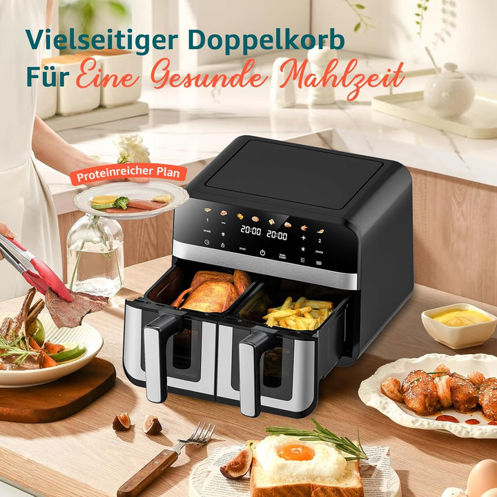 Heissluftfritteuse mit Sichtfenster | 9 Liter | Heissluftfritteuse mit 2 Körben | 8-in-1 Digitale Ai