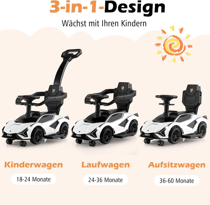 COSTWAY 3-in-1 Lamborghini Rutschauto, Schiebauto mit Scheinwerfern & Musik & Stauraum, Rutschfahrze