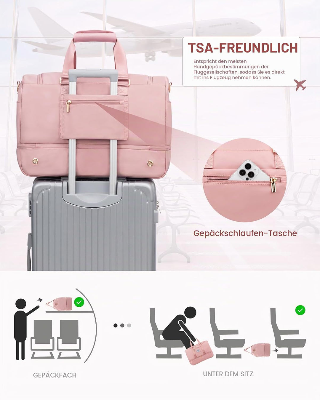 LOVEVOOK Reisetasche Sporttasche 50L, Kliniktasche Geburt Gross Weekender Damen mit Kulturtasche, Sc