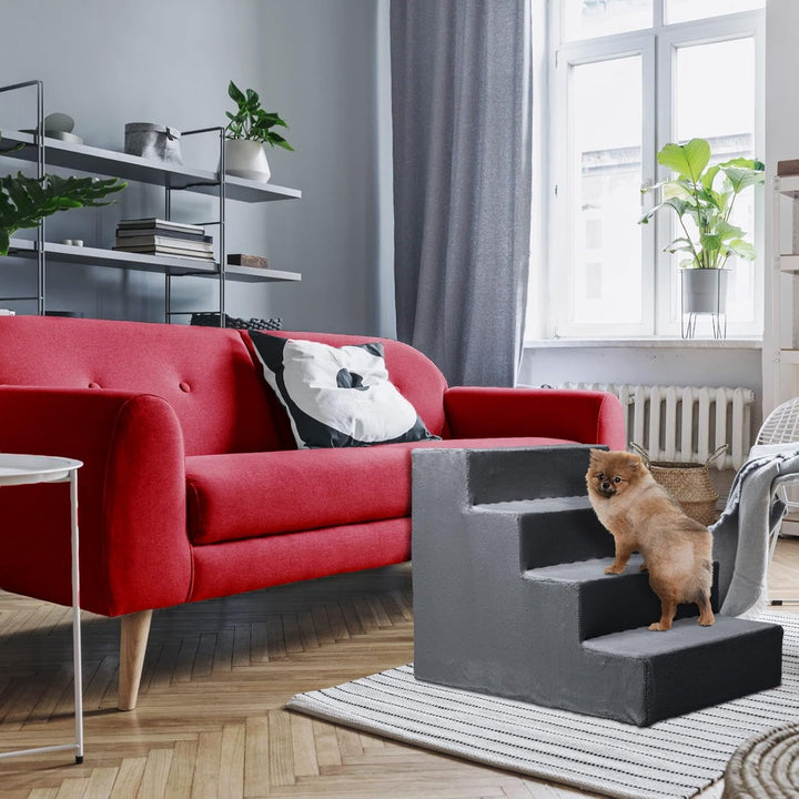 Mg Design Hundetreppe 4 Stufen in Dunkelgrau – Stabiler Holzrahmen, gelenkschonend, leicht & mobil,