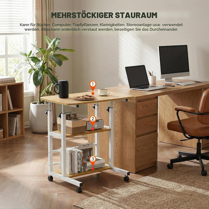 Huracan Mobiler Betttisch mit Rollen 40×80×56–82 cm, 3 Ablagen, Höhenverstellbar, H-Stahlrahmen Beso
