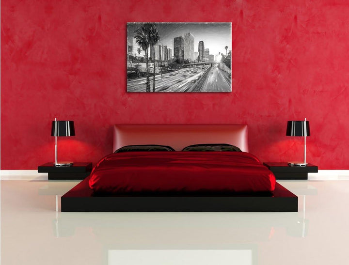 Pixxprint Strassenverkehr in Los Angeles Kohle Zeichnung Effekt, Format: 100x70 auf Leinwand, XXL ri
