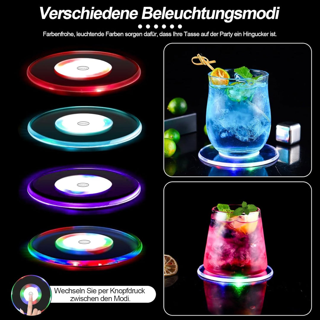 QESSUVNC 10 Stück LED Untersetzer,Bunt LED Untersetzer mit 7 Lichtmodi, 10CM Acryl Rund Wasserdichte