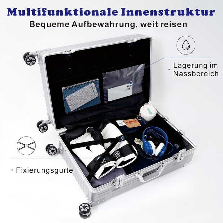 Aluminiumrahmen Koffer S (55cm) Handgepäck – Leichter 100% PC Hartschalen-Trolley in Metall-Optik, 3