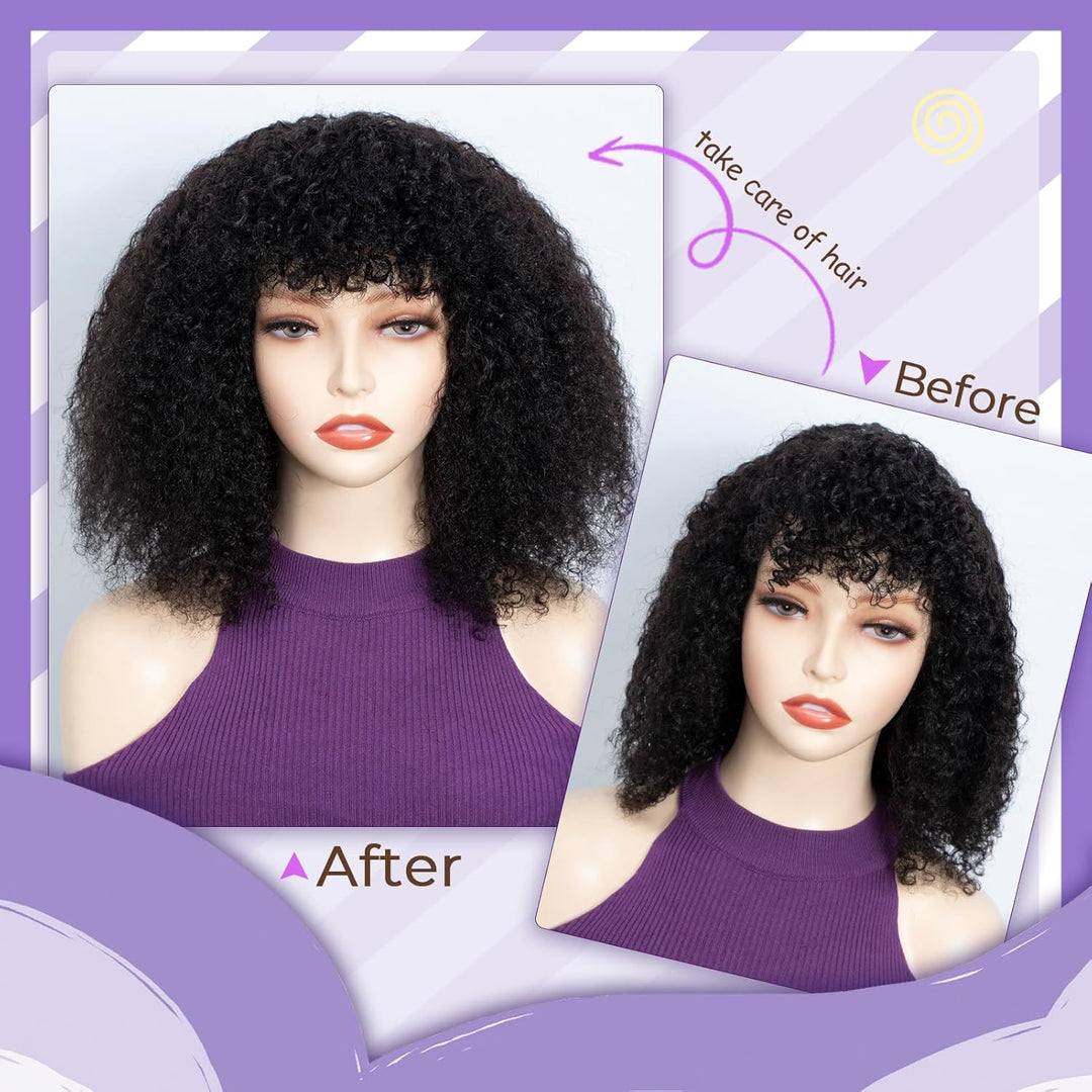 FASHION IDOL Kurzer lockiger Bob Echthaarperücken mit Pony Jerry Curl Brasilianisches Echthaar Keine