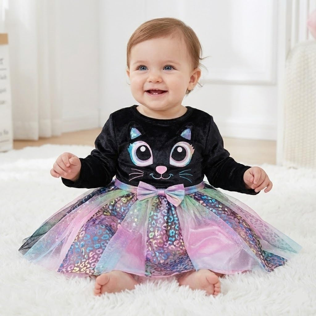 IKALI Baby Mädchen Katzen Kostüm Kleid Süsses Schwarzes Katze Outfit mit Regenbogen Tüllrock Für Kar