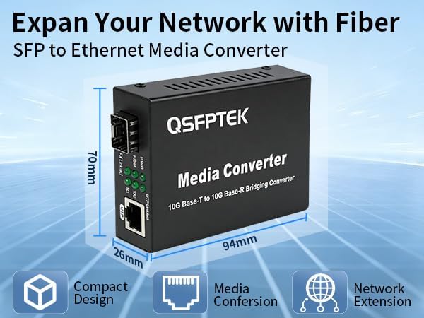 QSFPTEK 10G Media Coverter, 10 Gigabit Fiber to 10G Copper UTP Ethernet Media Converter, Unmanaged 1