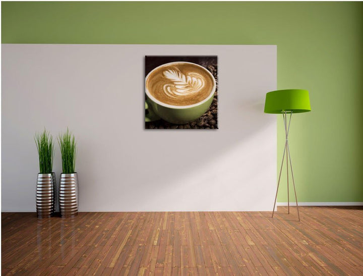 Pixxprint Cappucino zwischen Kaffeebohnen / 70x70cm Leinwandbild bespannt auf Holzrahmen/Wandbild Ku
