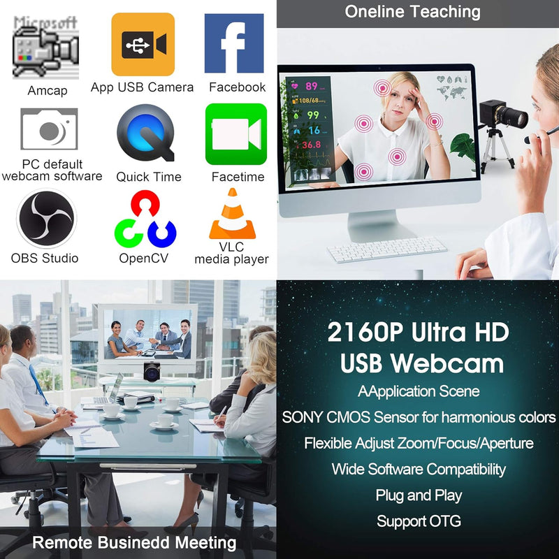 ELP 4K Webcam,2160P Zoom Web Kamera mit 5-50mm Manuell Objektiv,Variable Fokus Ultra HD Kamera,Plug