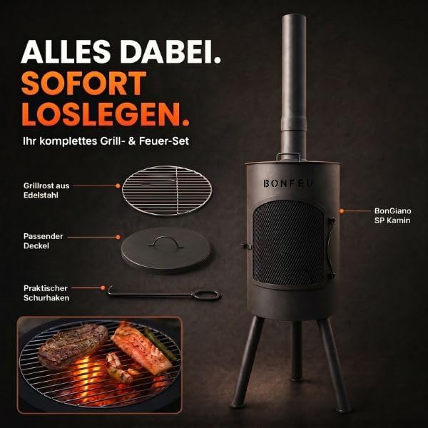 BonFeu Bongiano SP Schwarz - Terrassenofen - Feuerstelle mit Funkenschutz für entspannte Abende - Fe