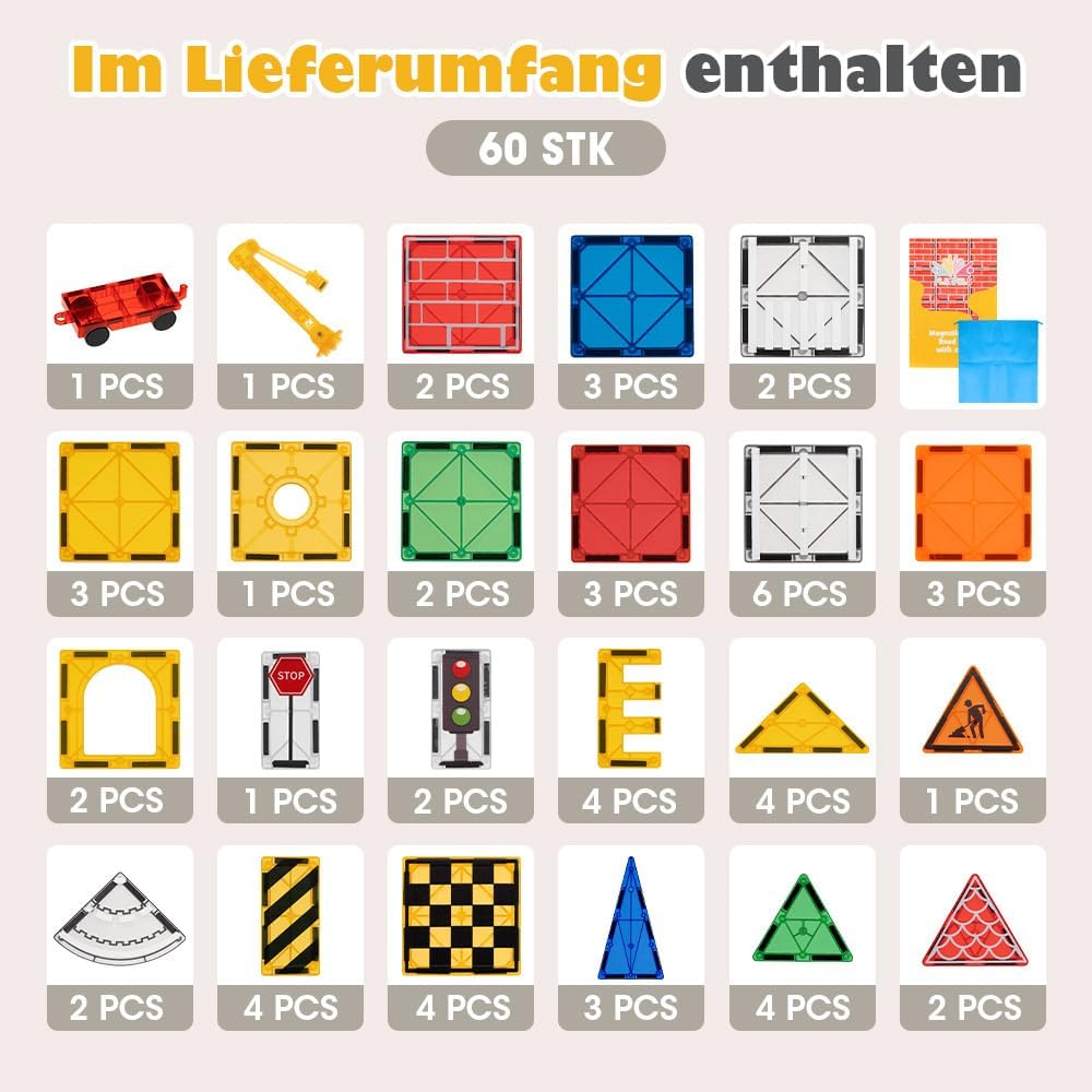 Playpals Magnetische Bausteine Stadt-Strassenset, 60-teilig mit Kran | STEM-Lernen, Verkehrszeichen,